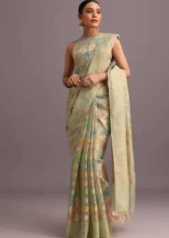 Green Chanderi Tissue Zardosi Embroidered Saree With Unstitched Blouse