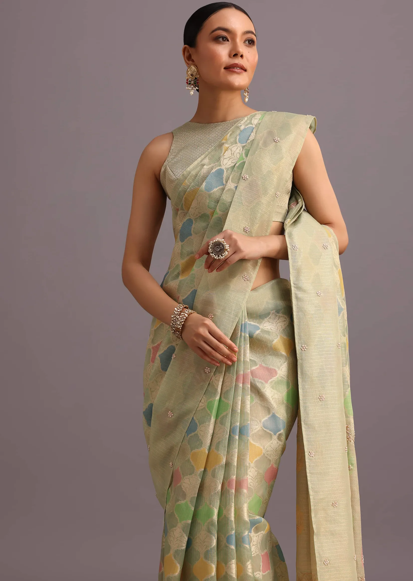 Green Chanderi Tissue Zardosi Embroidered Saree With Unstitched Blouse
