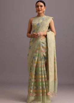 Green Chanderi Tissue Zardosi Embroidered Saree With Unstitched Blouse