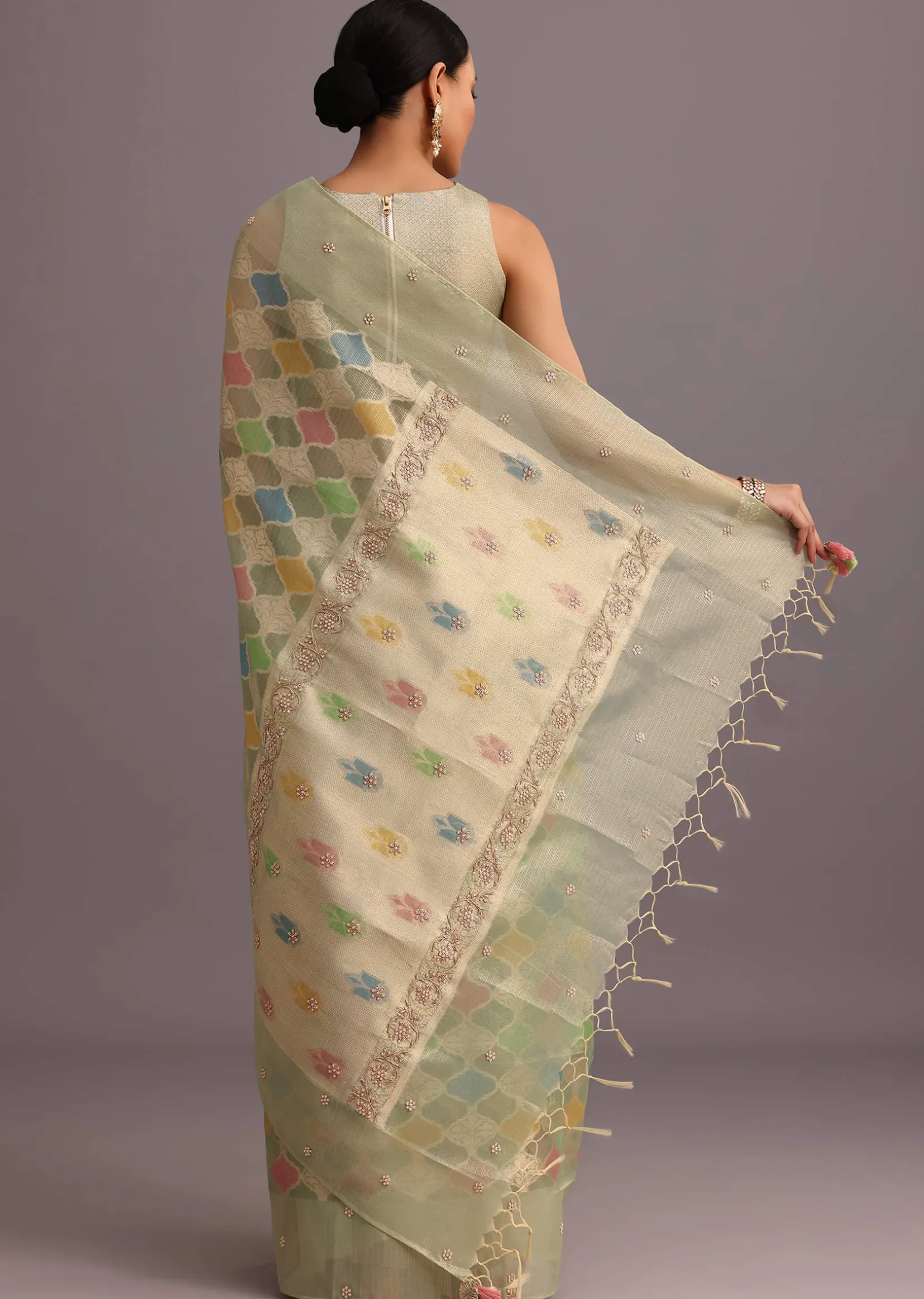 Green Chanderi Tissue Zardosi Embroidered Saree With Unstitched Blouse