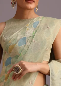 Green Chanderi Tissue Zardosi Embroidered Saree With Unstitched Blouse