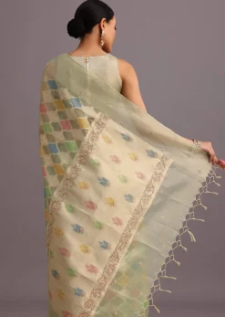 Green Chanderi Tissue Zardosi Embroidered Saree With Unstitched Blouse
