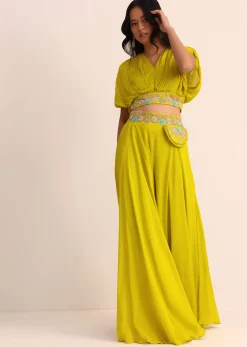 Green Chiffon Crop Top And Palazzo With Resham Work