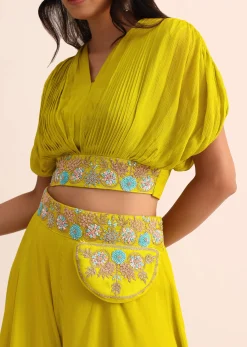 Green Chiffon Crop Top And Palazzo With Resham Work
