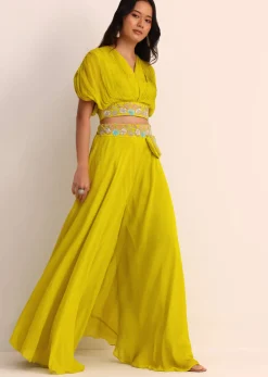 Green Chiffon Crop Top And Palazzo With Resham Work