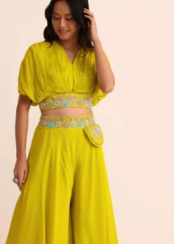 Green Chiffon Crop Top And Palazzo With Resham Work