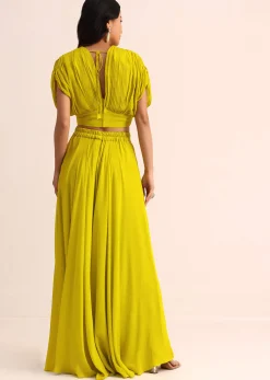 Green Chiffon Crop Top And Palazzo With Resham Work