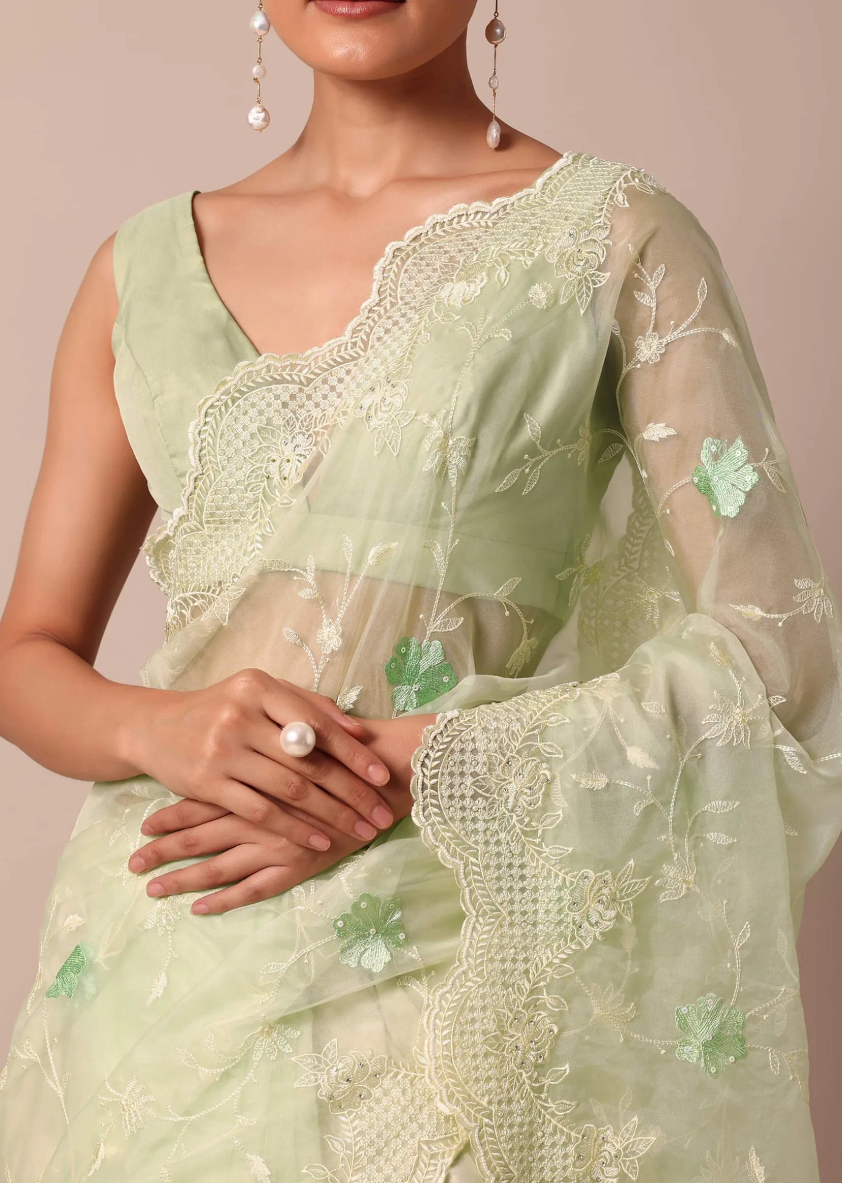 Green Chikankari Saree In Organza Silk With Resham Floral Jaal And Unstitched Blouse Fabric