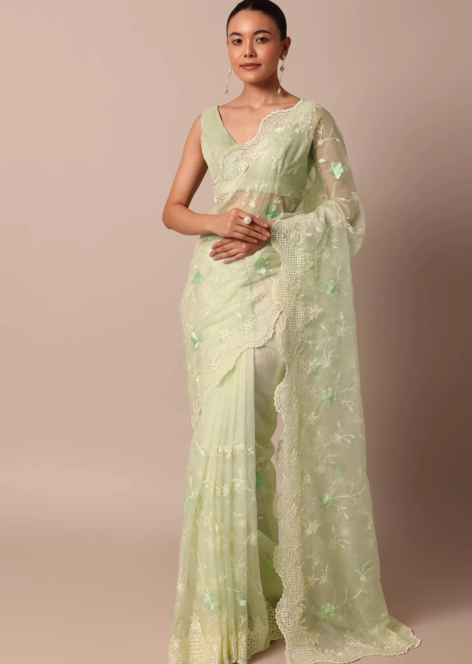 Green Chikankari Saree In Organza Silk With Resham Floral Jaal And Unstitched Blouse Fabric