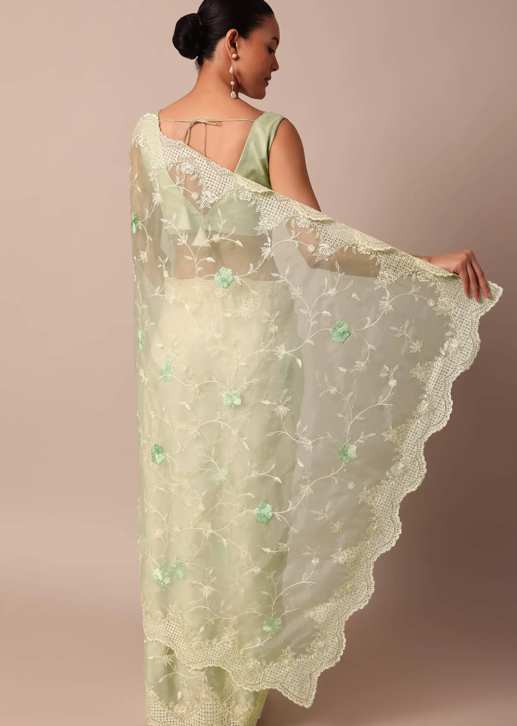 Green Chikankari Saree In Organza Silk With Resham Floral Jaal And Unstitched Blouse Fabric