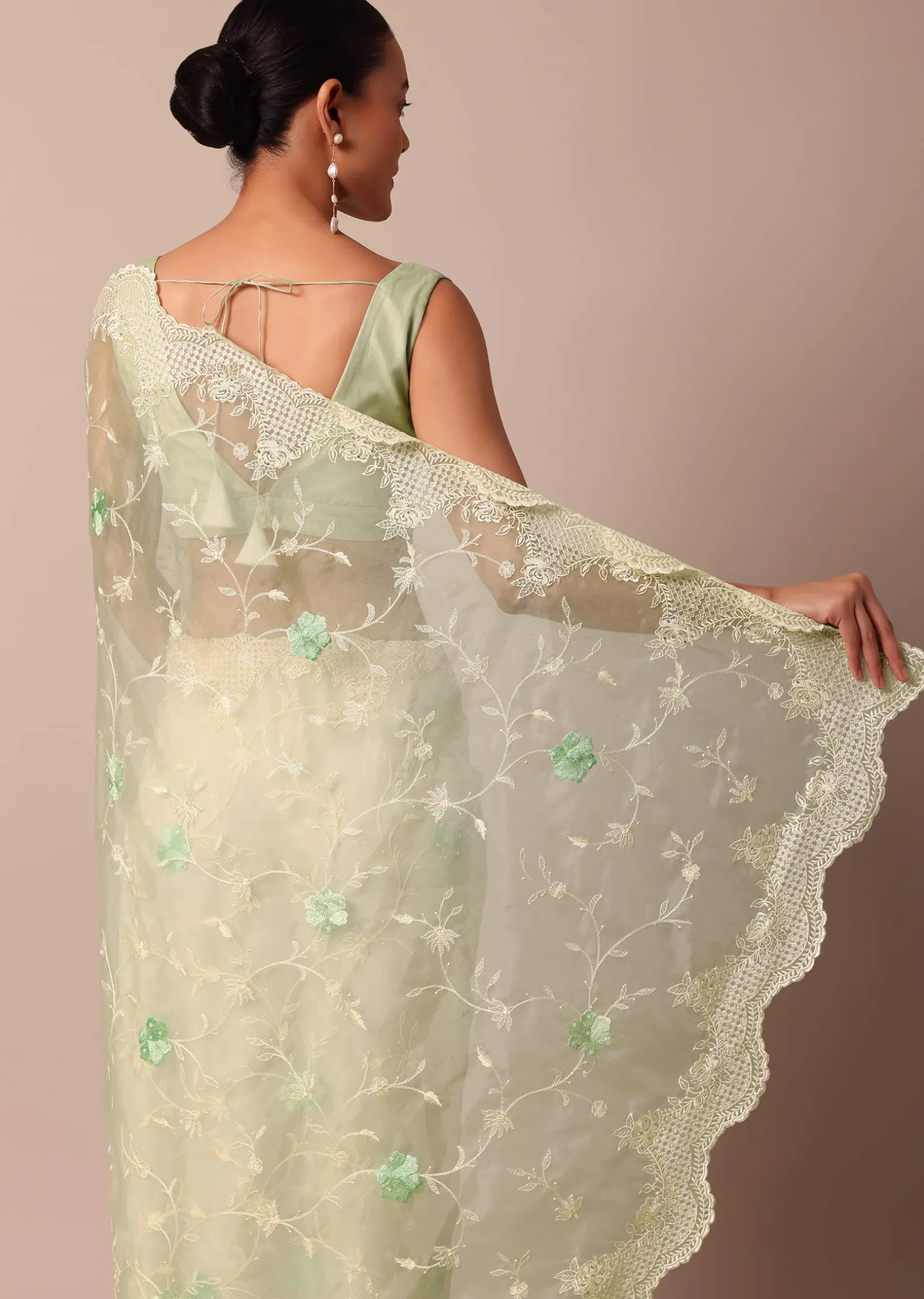 Green Chikankari Saree In Organza Silk With Resham Floral Jaal And Unstitched Blouse Fabric