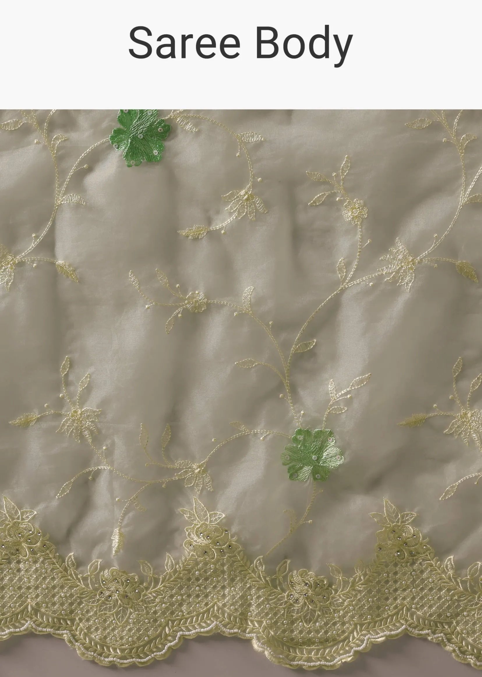 Green Chikankari Saree In Organza Silk With Resham Floral Jaal And Unstitched Blouse Fabric