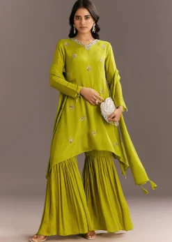 Green Chinon Asymmetrical Cut Kurta Sharara With Dupatta