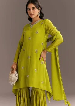 Green Chinon Asymmetrical Cut Kurta Sharara With Dupatta