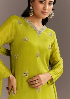 Green Chinon Asymmetrical Cut Kurta Sharara With Dupatta