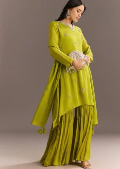 Green Chinon Asymmetrical Cut Kurta Sharara With Dupatta