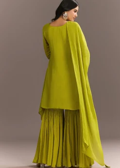 Green Chinon Asymmetrical Cut Kurta Sharara With Dupatta