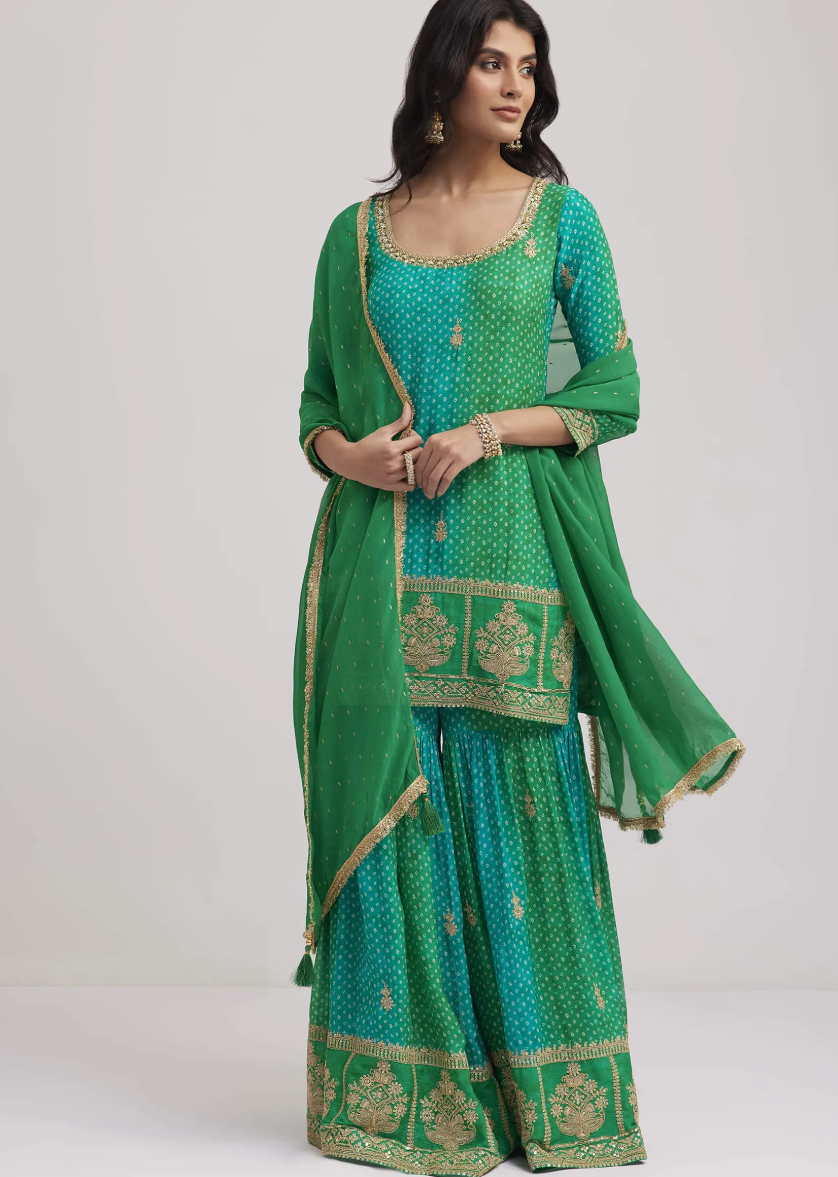 Green Chinon Bandhani Sharara Set