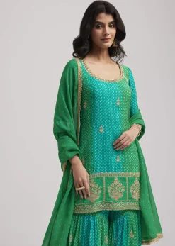 Green Chinon Bandhani Sharara Set