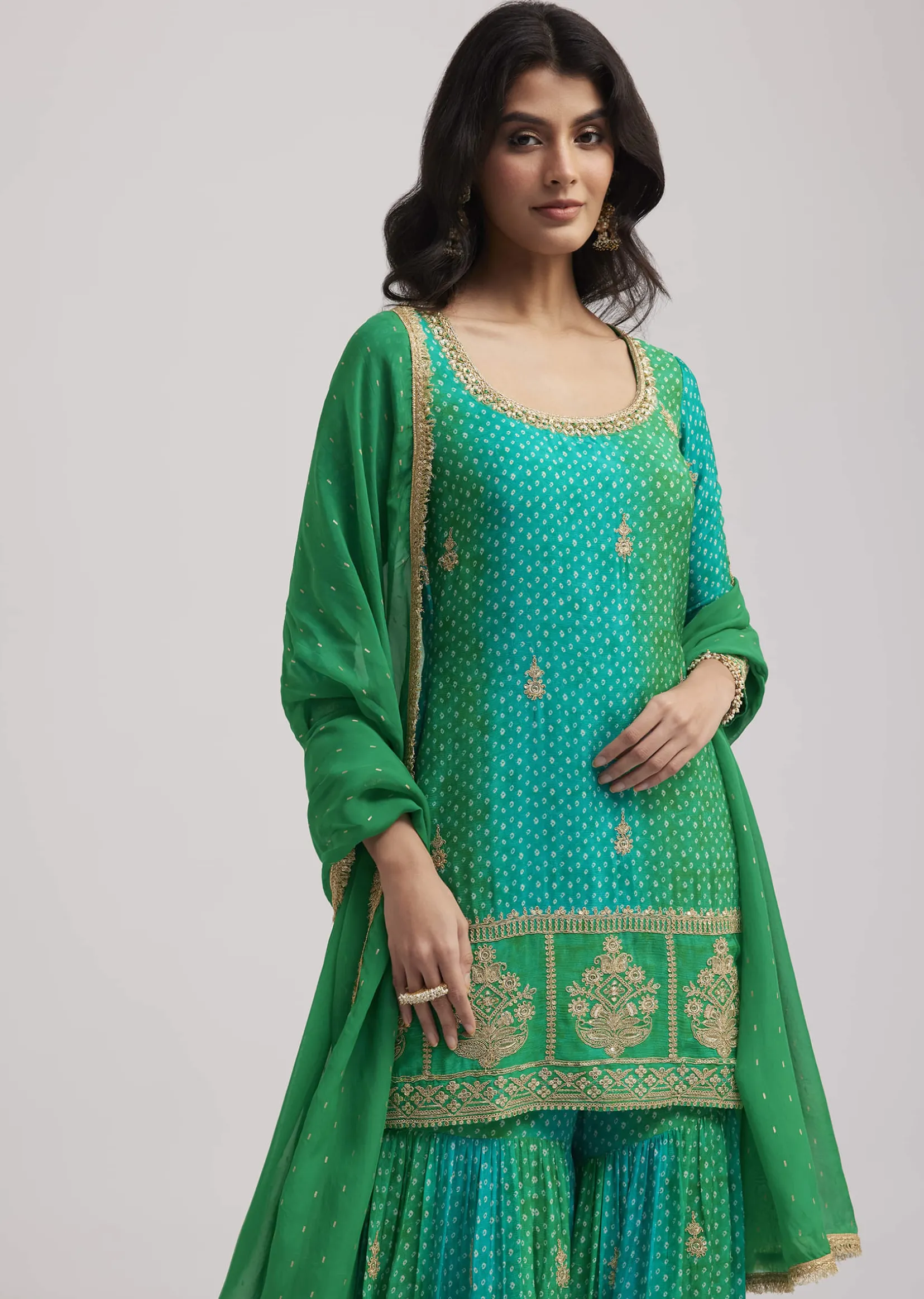 Green Chinon Bandhani Sharara Set