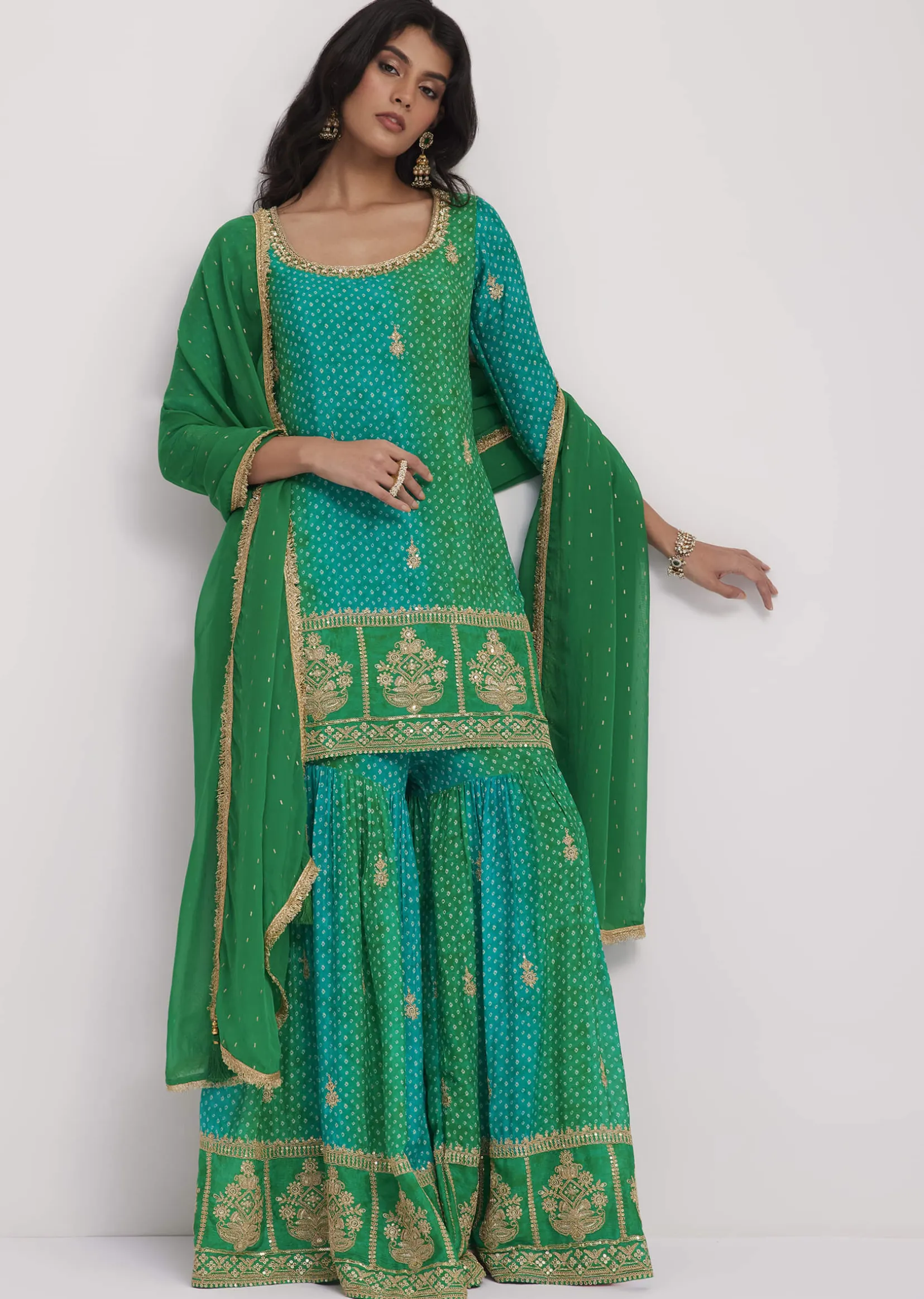 Green Chinon Bandhani Sharara Set