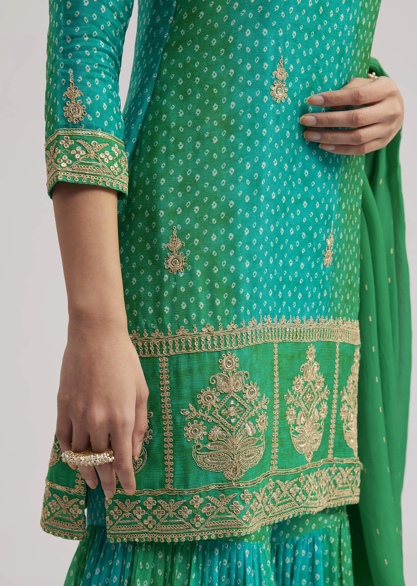 Green Chinon Bandhani Sharara Set