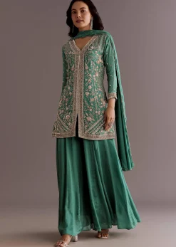 Green Chinon Cudtana Embroidered Kurta Palazzo Suit