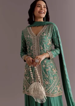 Green Chinon Cudtana Embroidered Kurta Palazzo Suit