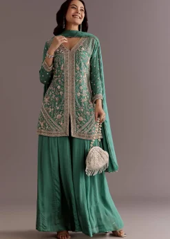 Green Chinon Cudtana Embroidered Kurta Palazzo Suit