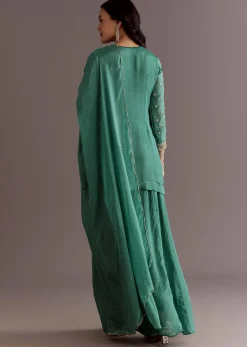 Green Chinon Cudtana Embroidered Kurta Palazzo Suit