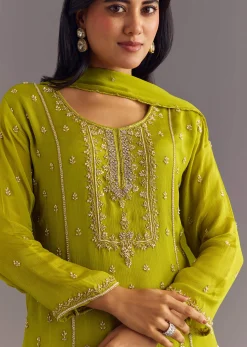 Green Chinon Kurta Set With Cutdana Moti Work Dupatta
