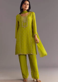 Green Chinon Kurta Set With Cutdana Moti Work Dupatta