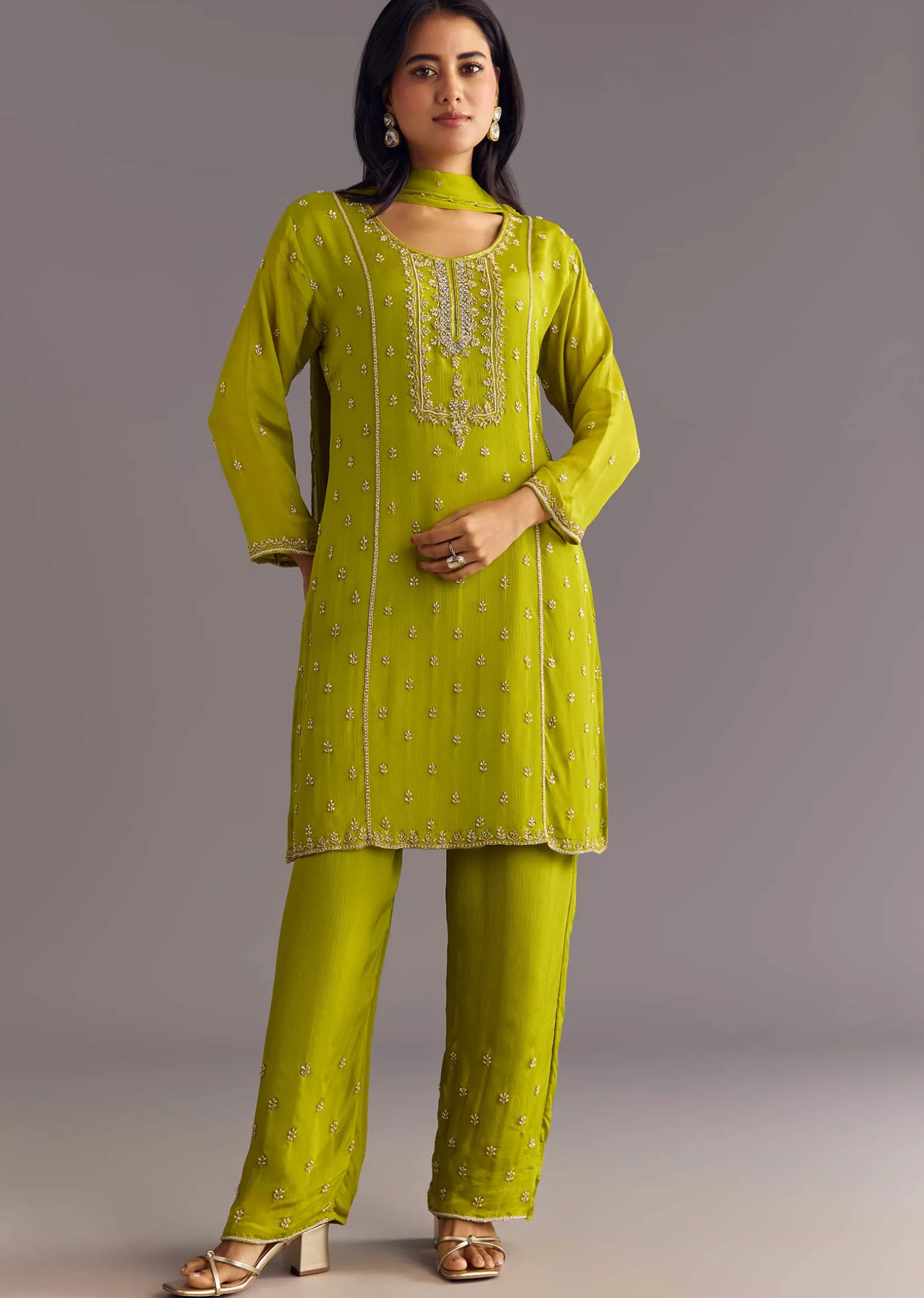 Green Chinon Kurta Set With Cutdana Moti Work Dupatta