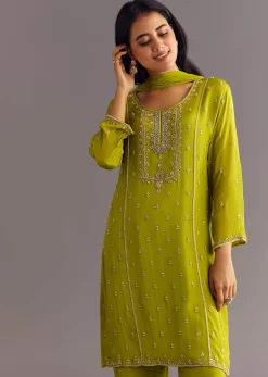 Green Chinon Kurta Set With Cutdana Moti Work Dupatta