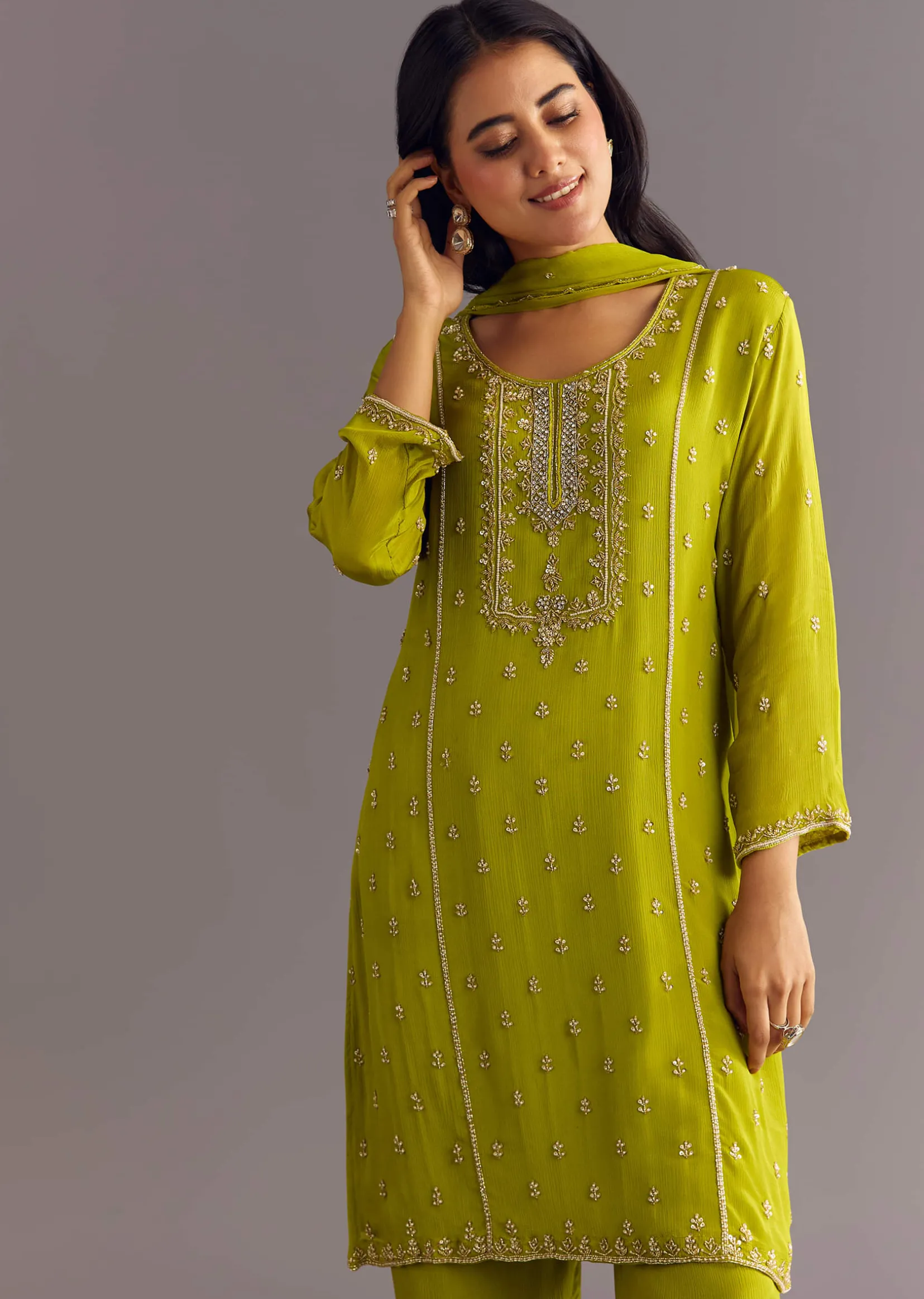 Green Chinon Kurta Set With Cutdana Moti Work Dupatta