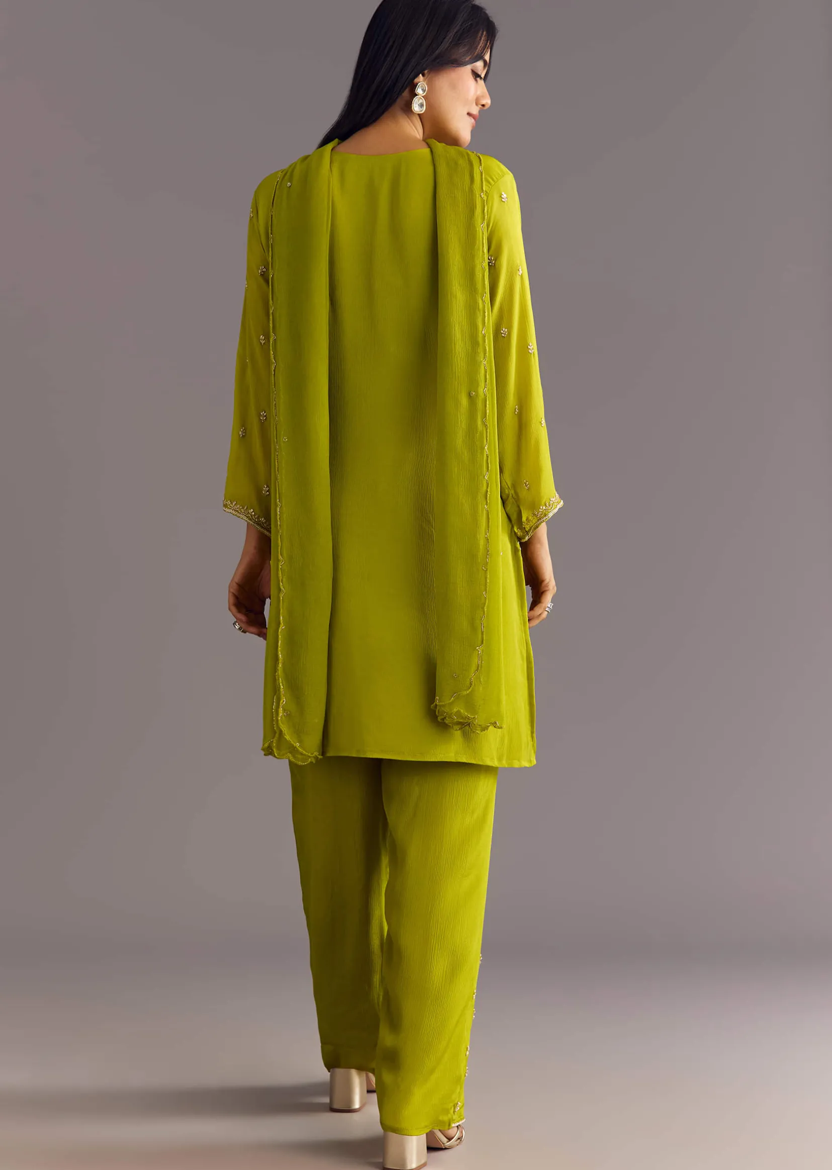 Green Chinon Kurta Set With Cutdana Moti Work Dupatta
