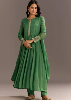Green Chinon Kurta With Zardosi Moti Work On Neckline And Sleeves