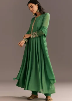 Green Chinon Kurta With Zardosi Moti Work On Neckline And Sleeves