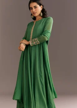 Green Chinon Kurta With Zardosi Moti Work On Neckline And Sleeves