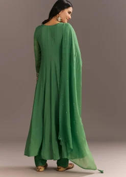 Green Chinon Kurta With Zardosi Moti Work On Neckline And Sleeves