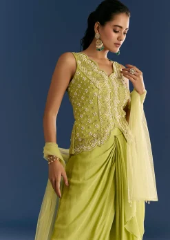 Green Chinon Moti Embroidered Kurta Skirt With Dupatta