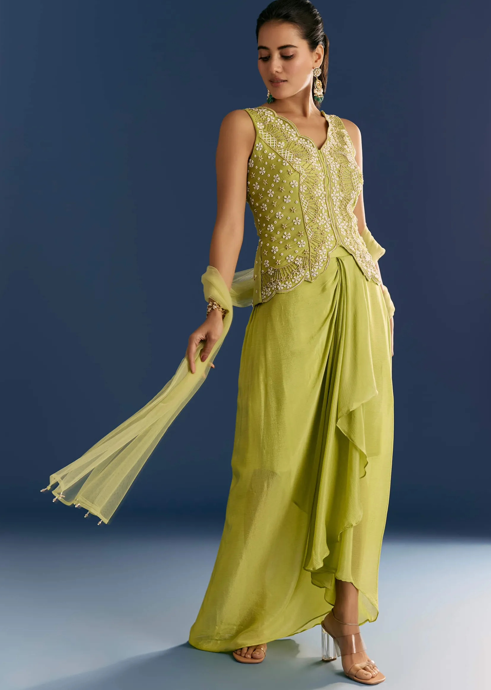 Green Chinon Moti Embroidered Kurta Skirt With Dupatta