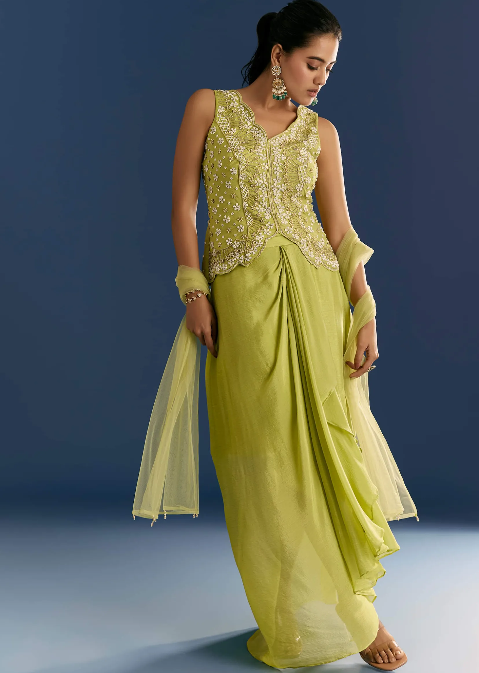Green Chinon Moti Embroidered Kurta Skirt With Dupatta