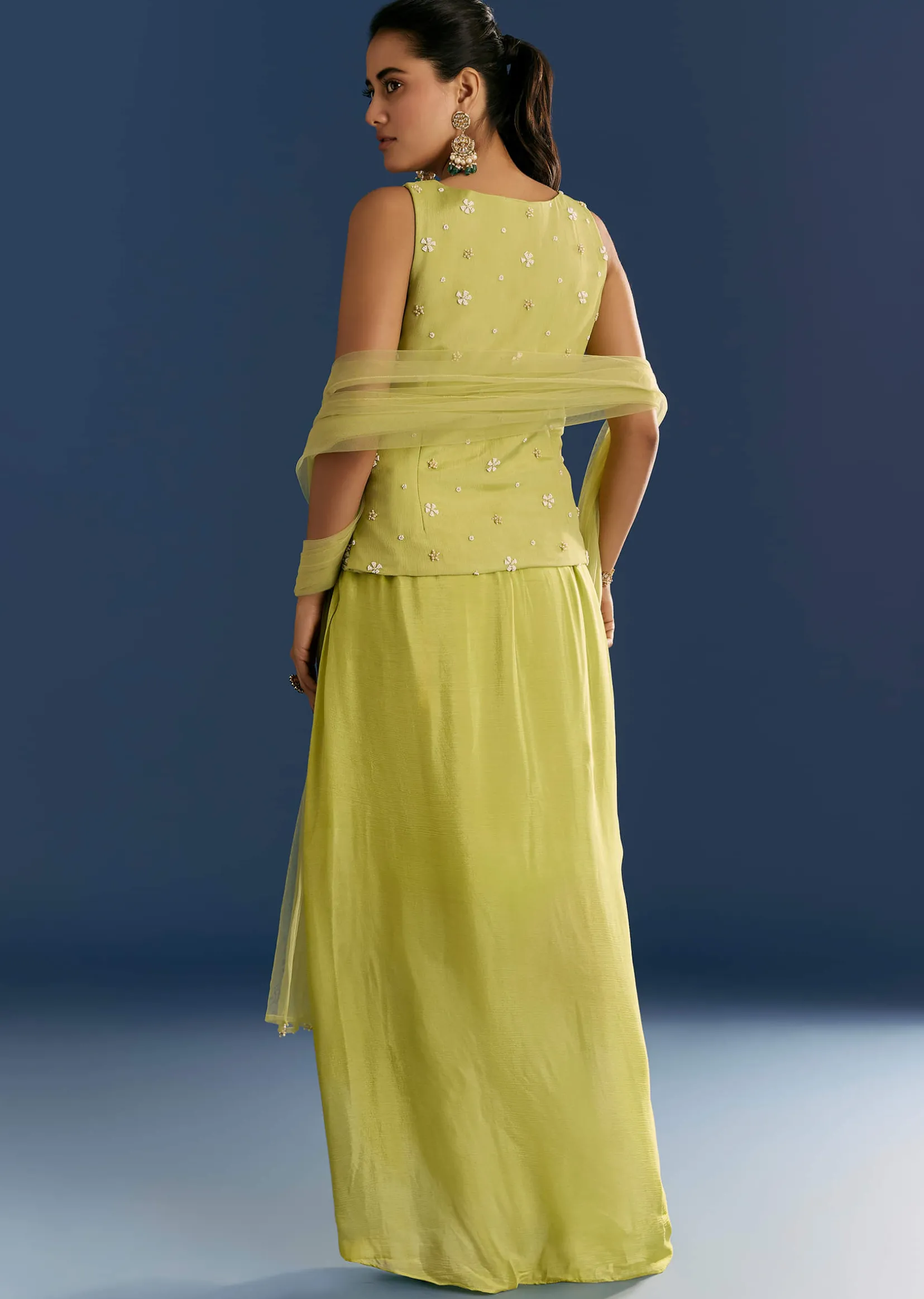 Green Chinon Moti Embroidered Kurta Skirt With Dupatta