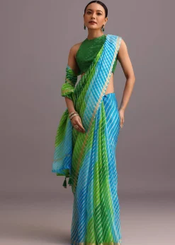 Green Cotton Kota Dual Shaded Hand Dyed Leheriya Saree With Zari Weave Border