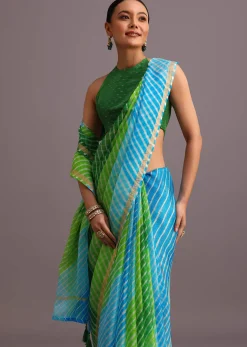 Green Cotton Kota Dual Shaded Hand Dyed Leheriya Saree With Zari Weave Border