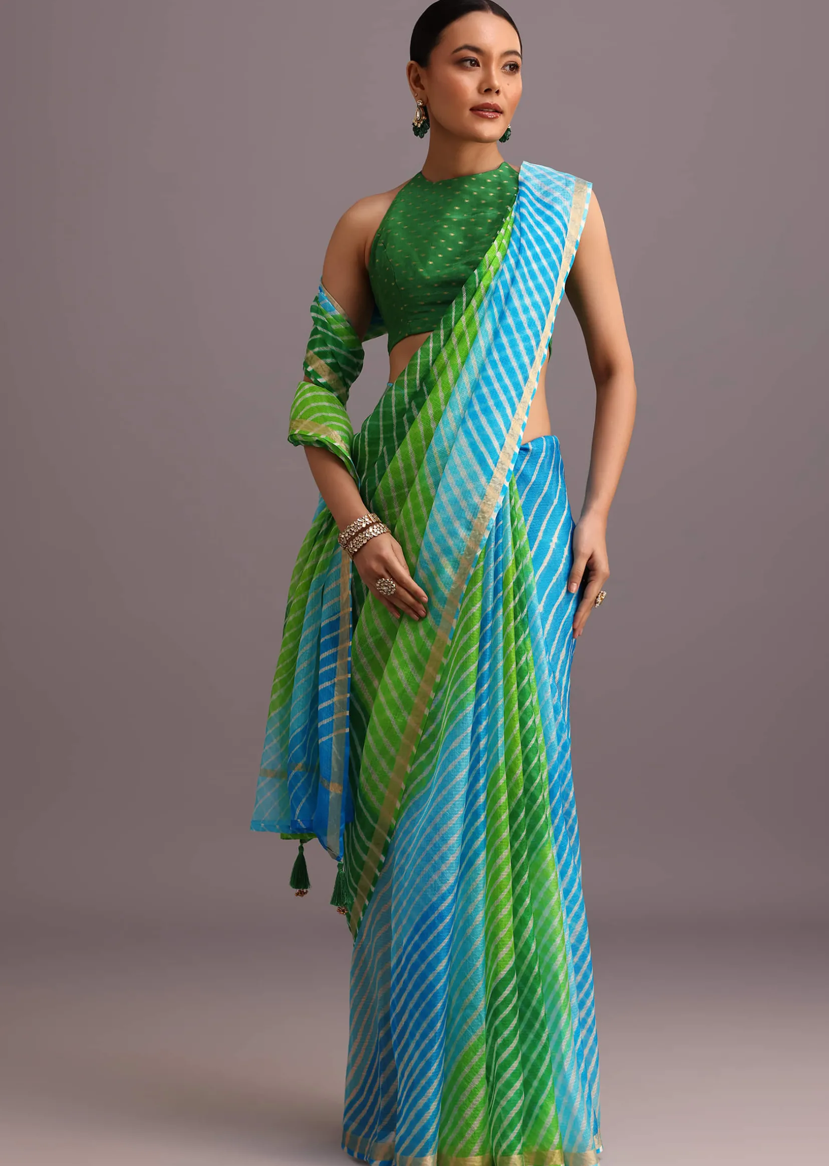 Green Cotton Kota Dual Shaded Hand Dyed Leheriya Saree With Zari Weave Border