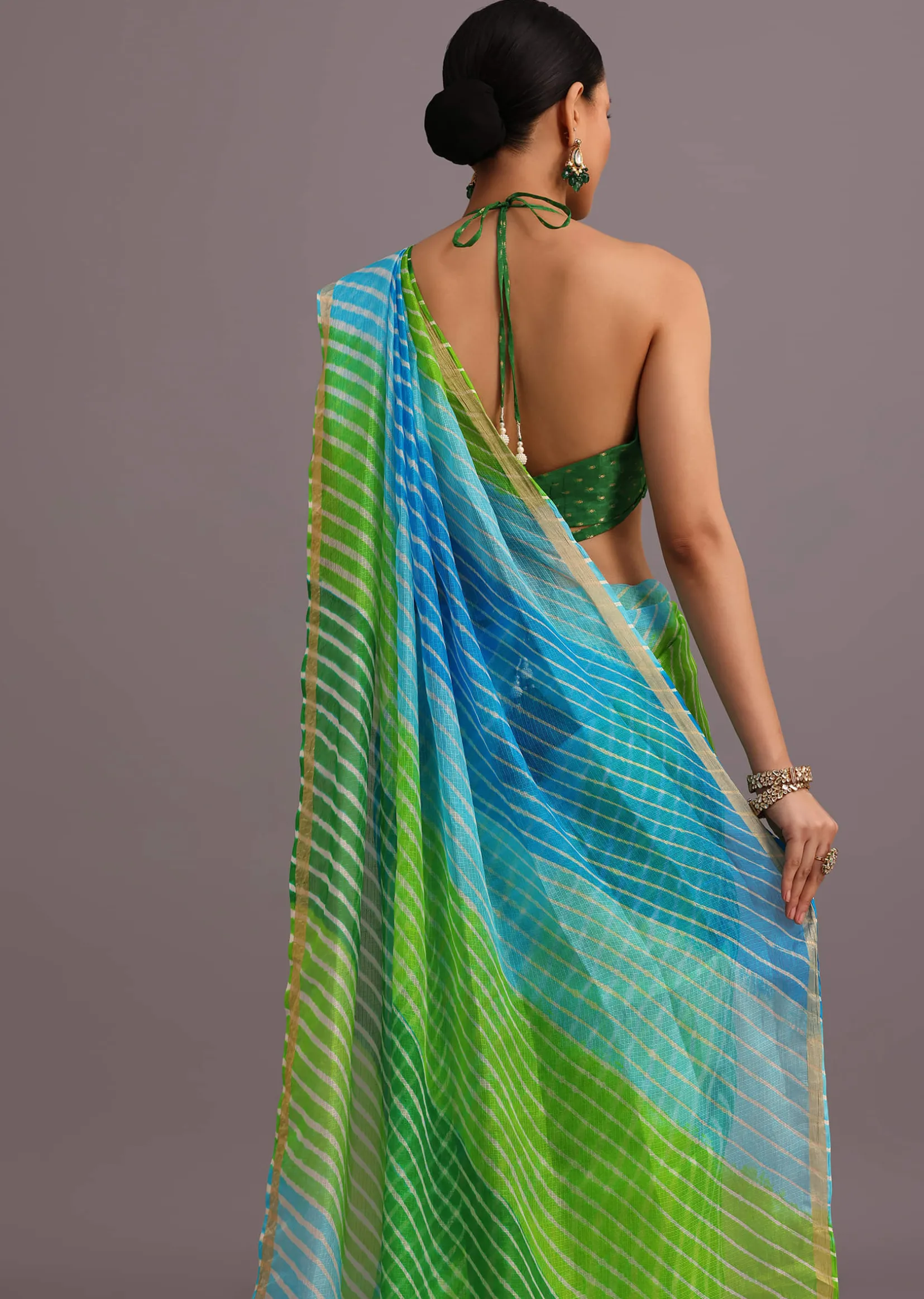 Green Cotton Kota Dual Shaded Hand Dyed Leheriya Saree With Zari Weave Border