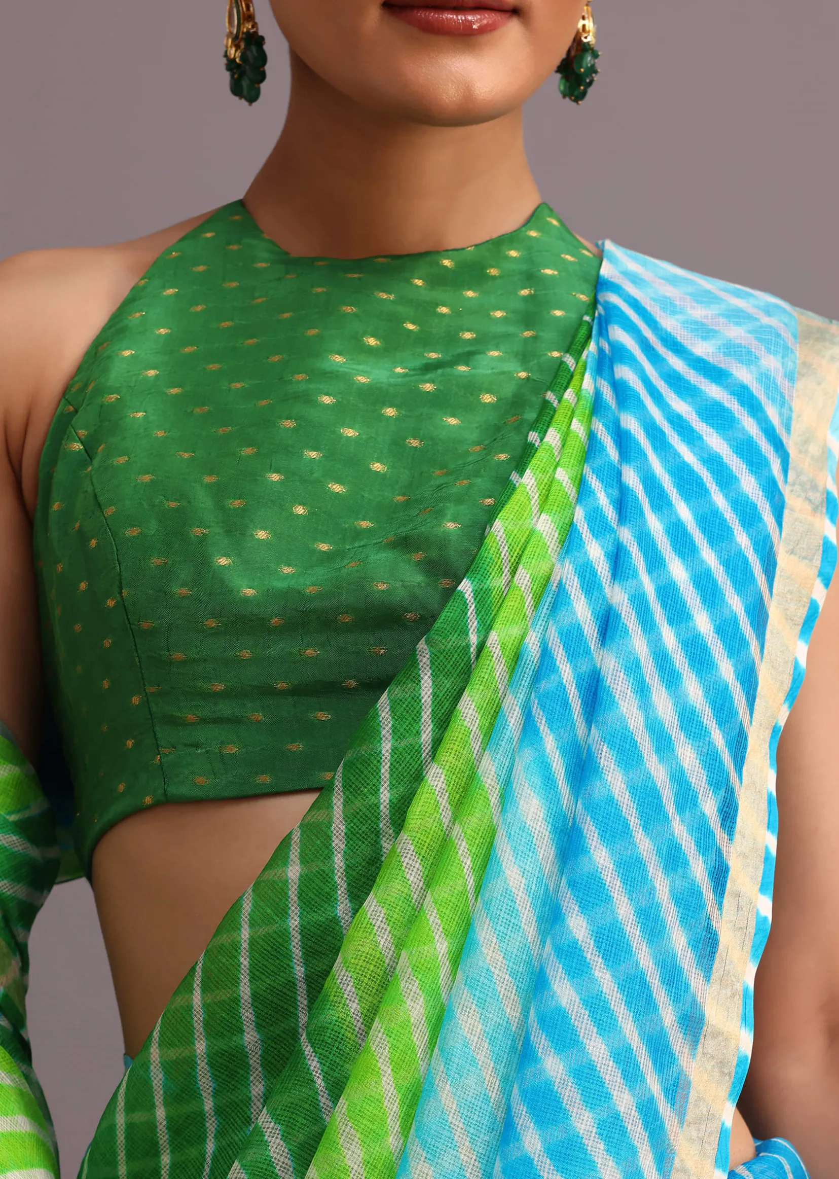Green Cotton Kota Dual Shaded Hand Dyed Leheriya Saree With Zari Weave Border