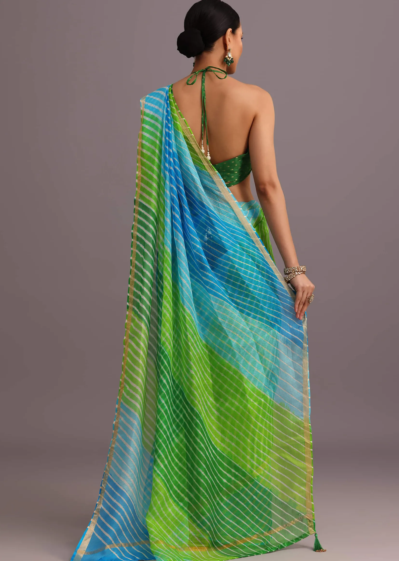 Green Cotton Kota Dual Shaded Hand Dyed Leheriya Saree With Zari Weave Border